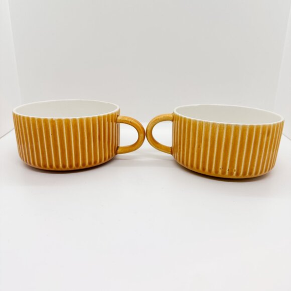 Vtg 70s Ceramic Soup Mug Set Secla Portugal Ribbed Bowl Handle Yellow MCM RARE - Picture 4 of 11